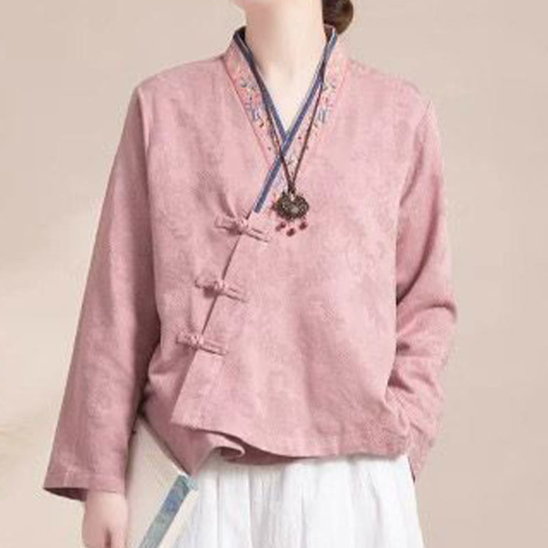 Camisa de algodón de manga larga para mujer con bordado de flores y ranas de hierba y Buddha Stones - image 1