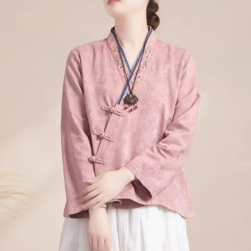 Camisa de algodón de manga larga para mujer con bordado de flores y ranas de hierba y Buddha Stones - Rosa - US12, UK/AU16, EU44 (3XL) - image 0