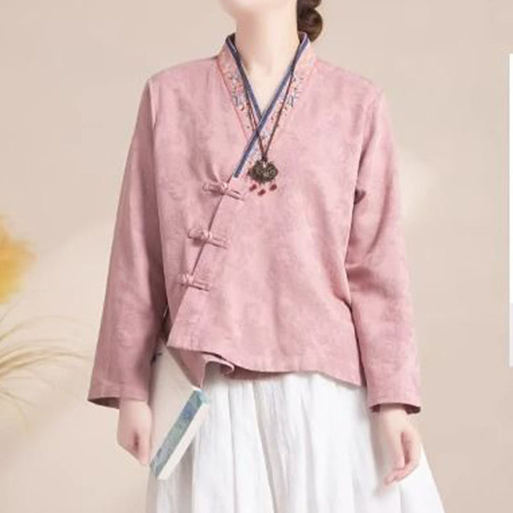 Camisa de algodón de manga larga para mujer con bordado de flores y ranas de hierba y Buddha Stones - image 2