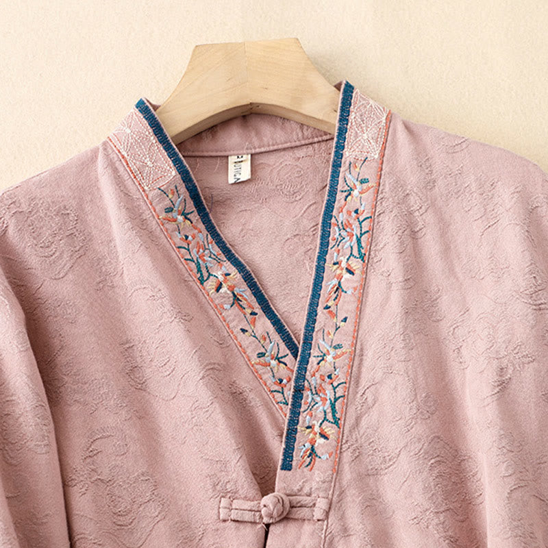 Camisa de algodón de manga larga para mujer con bordado de flores y ranas de hierba y Buddha Stones - image 4