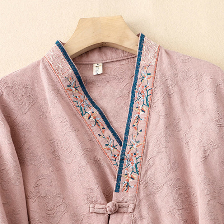 Camisa de algodón de manga larga para mujer con bordado de flores y ranas de hierba y Buddha Stones - image 4