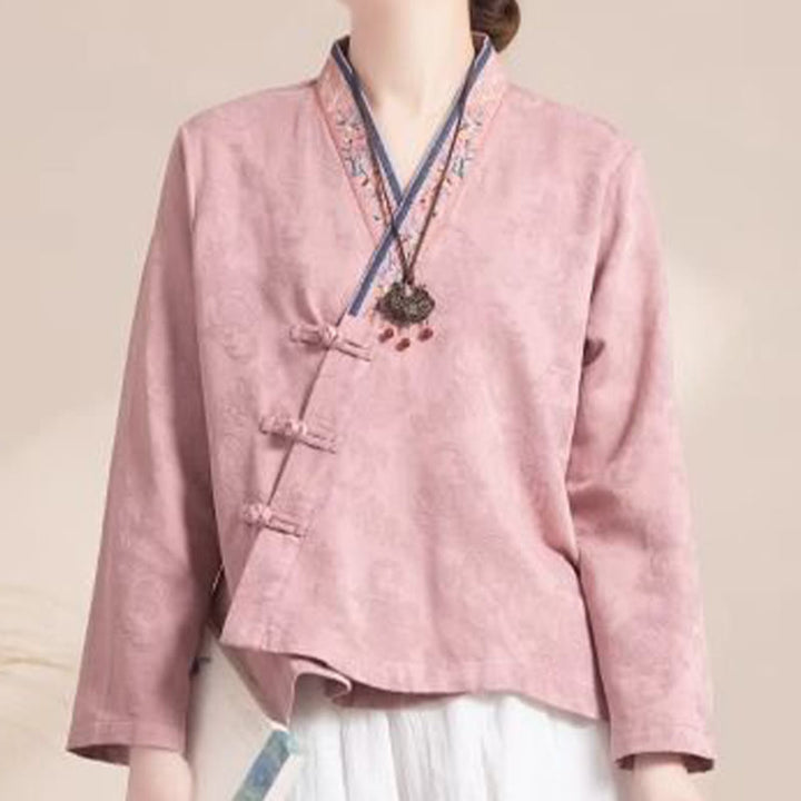 Camisa de algodón de manga larga para mujer con bordado de flores y ranas de hierba y Buddha Stones - image 5