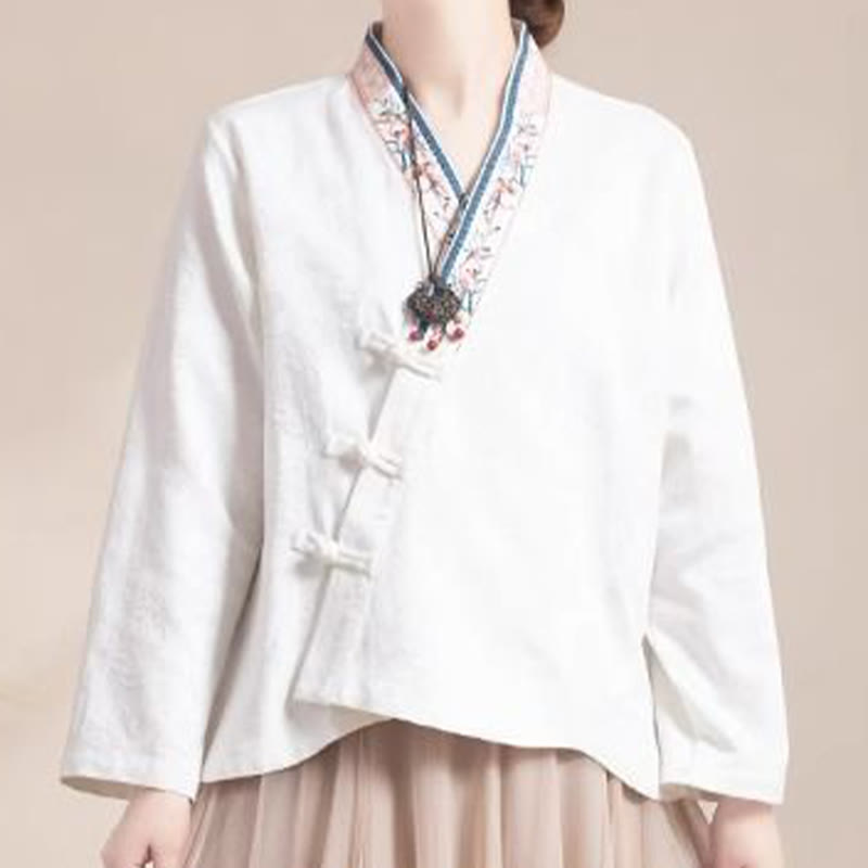 Camisa de algodón de manga larga para mujer con bordado de flores y ranas de hierba y Buddha Stones - image 15