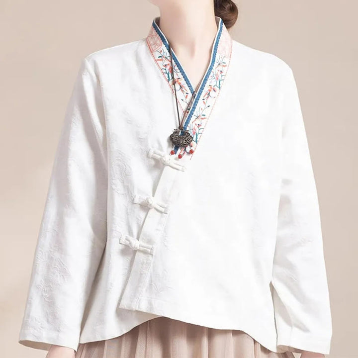 Camisa de algodón de manga larga para mujer con bordado de flores y ranas de hierba y Buddha Stones - image 16