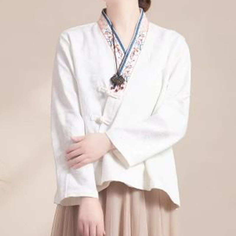 Camisa de algodón de manga larga para mujer con bordado de flores y ranas de hierba y Buddha Stones - Blanco - US8-10, UK/AU12-14, EU40-42 (3XL) - image 13