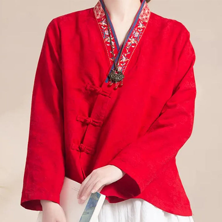 Camisa de algodón de manga larga para mujer con bordado de flores y ranas de hierba y Buddha Stones - image 19