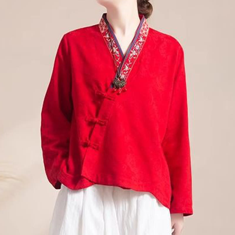 Camisa de algodón de manga larga para mujer con bordado de flores y ranas de hierba y Buddha Stones - Rojo - US12, UK/AU16, EU44 (3XL) - image 17