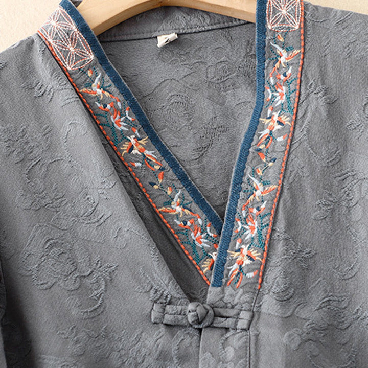 Camisa de algodón de manga larga para mujer con bordado de flores y ranas de hierba y Buddha Stones - image 27
