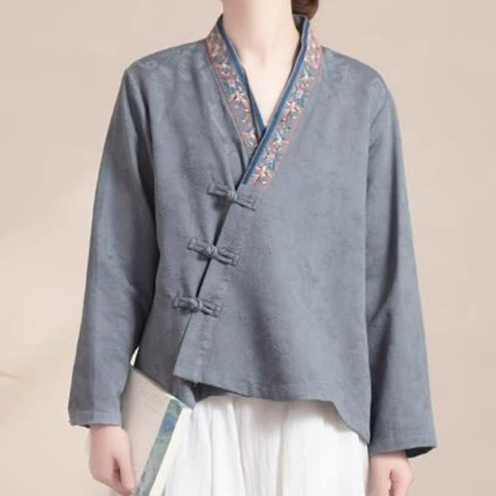 Camisa de algodón de manga larga para mujer con bordado de flores y ranas de hierba y Buddha Stones - image 22