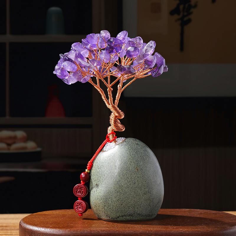 Buddha Stones, citrino, amatista, aventurina verde, árbol de cristal, base de cerámica, prosperidad, decoración del hogar.