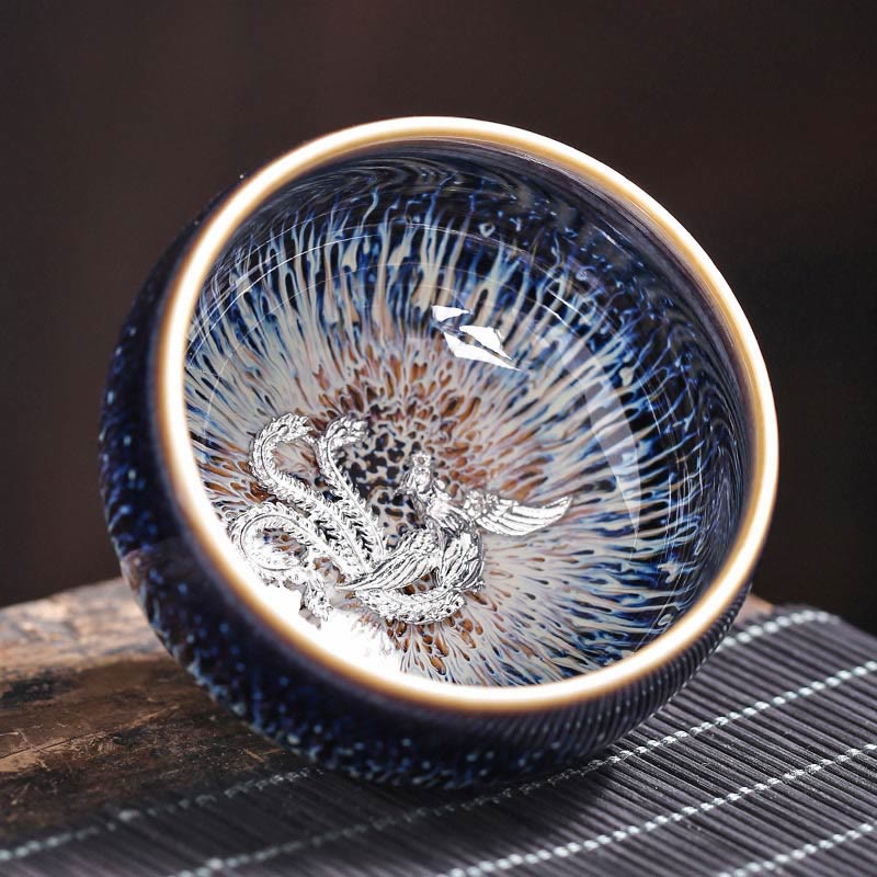 Taza de té de cerámica con diseño de Buddha Stones, hecha a mano, con diseño de pez koi, loto, dragón y fénix, del zodiaco chino, 12 piezas, 70 ml