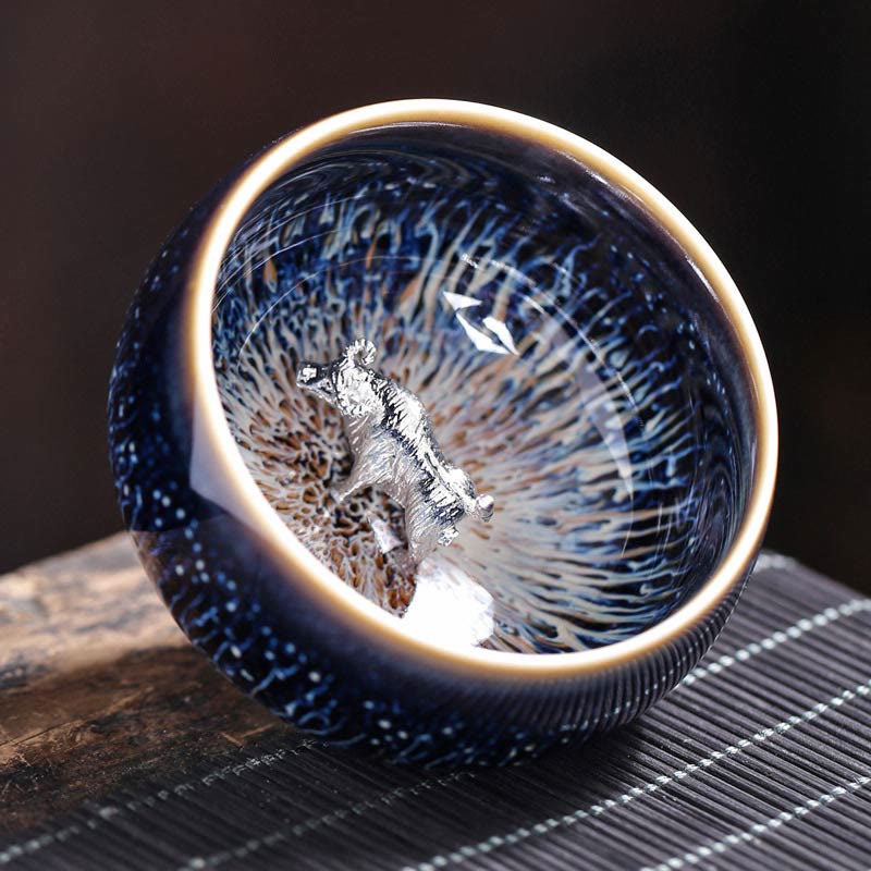 Taza de té de cerámica con diseño de Buddha Stones, hecha a mano, con diseño de pez koi, loto, dragón y fénix, del zodiaco chino, 12 piezas, 70 ml
