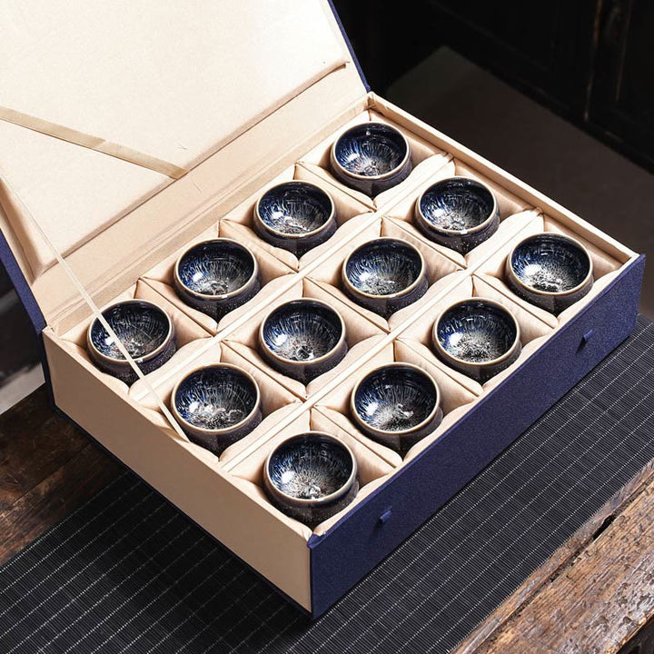 Taza de té de cerámica con diseño de Buddha Stones, hecha a mano, con diseño de pez koi, loto, dragón y fénix, del zodiaco chino, 12 piezas, 70 ml
