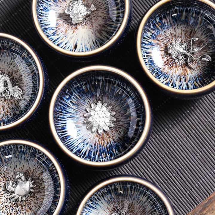 Taza de té de cerámica con diseño de Buddha Stones, hecha a mano, con diseño de pez koi, loto, dragón y fénix, del zodiaco chino, 12 piezas, 70 ml - image 29