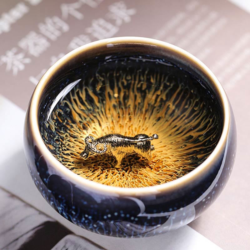 Taza de té de cerámica con diseño de Buddha Stones, hecha a mano, con diseño de pez koi, loto, dragón y fénix, del zodiaco chino, 12 piezas, 70 ml