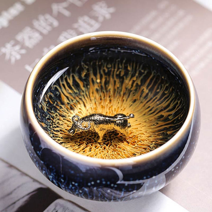 Taza de té de cerámica con diseño de Buddha Stones, hecha a mano, con diseño de pez koi, loto, dragón y fénix, del zodiaco chino, 12 piezas, 70 ml