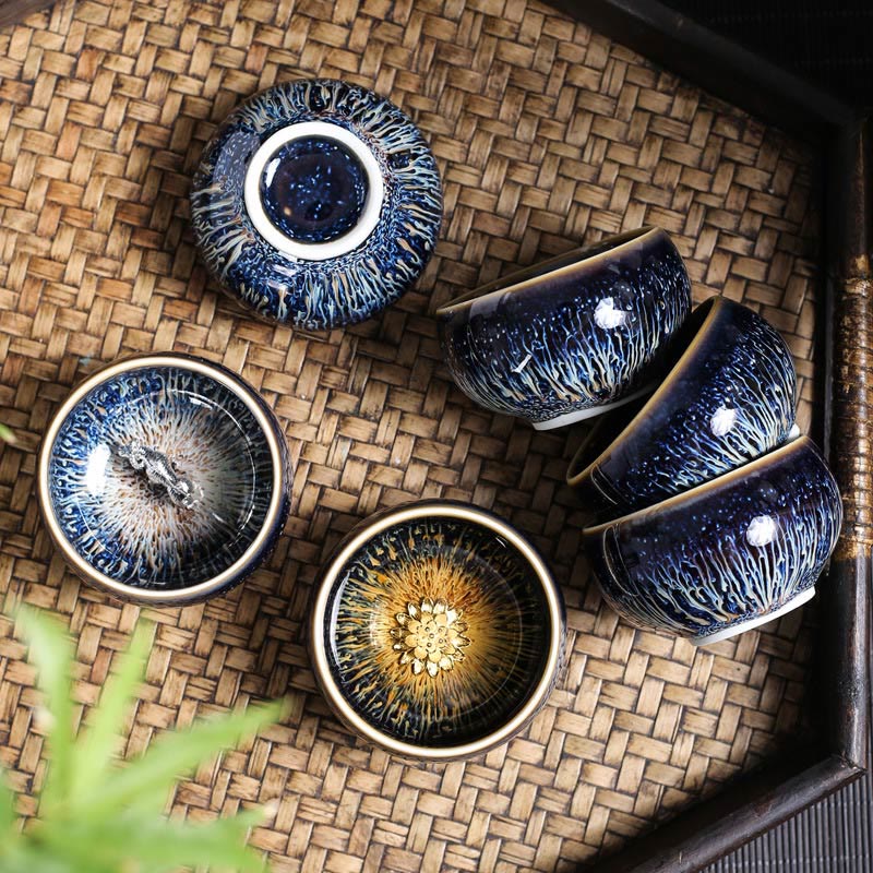 Taza de té de cerámica con diseño de Buddha Stones, hecha a mano, con diseño de pez koi, loto, dragón y fénix, del zodiaco chino, 12 piezas, 70 ml