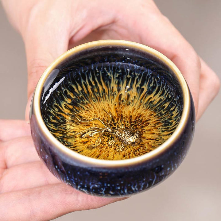Taza de té de cerámica con diseño de Buddha Stones, hecha a mano, con diseño de pez koi, loto, dragón y fénix, del zodiaco chino, 12 piezas, 70 ml
