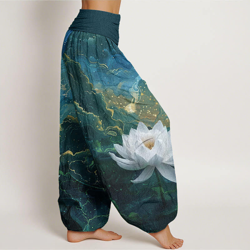 Pantalones bombachos de cintura elástica para mujer , de algodón, estilo informal, con estampado de loto, cielo estrellado y nubes. - image 1