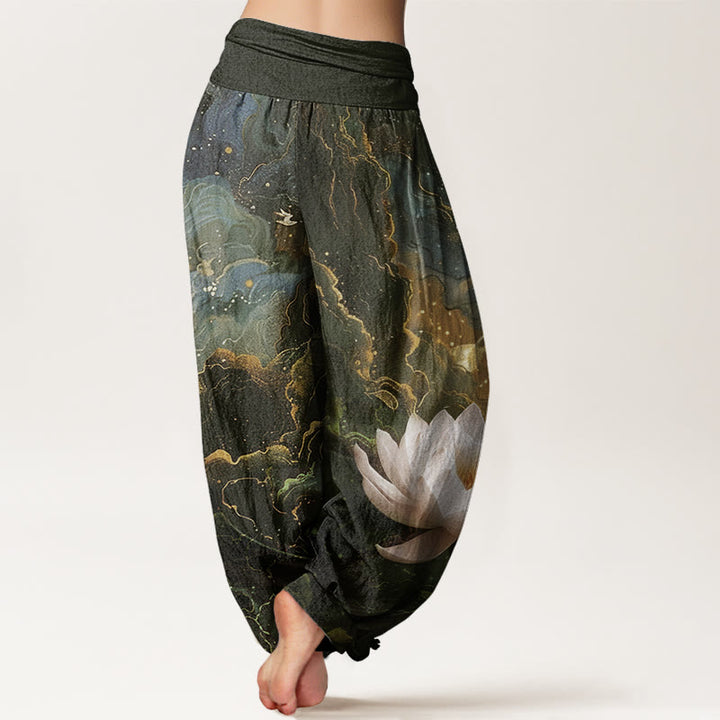 Pantalones harén de cintura elástica para mujer con estampado de nubes, cielo estrellado y loto, estilo casual, con Buddha Stones - image 6