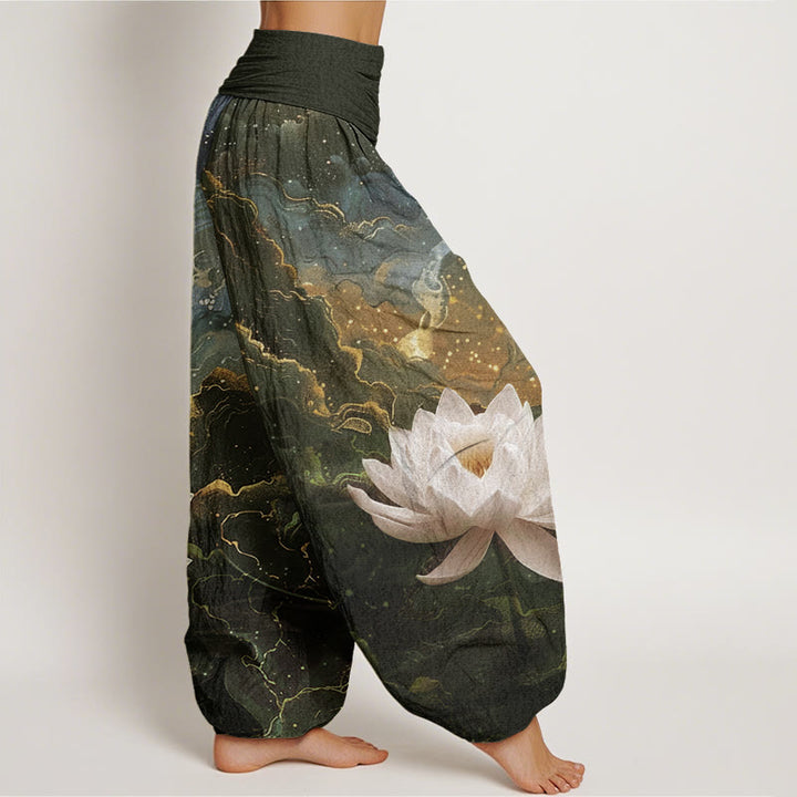 Pantalones harén de cintura elástica para mujer con estampado de nubes, cielo estrellado y loto, estilo casual, con Buddha Stones - image 5