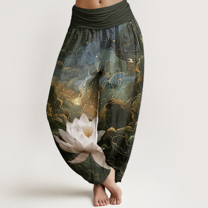 Pantalones bombachos de cintura elástica para mujer , de algodón, estilo informal, con estampado de loto, cielo estrellado y nubes. - Marrón silla de montar - US22，UK/AU26，EU54 (6XL) - image 4