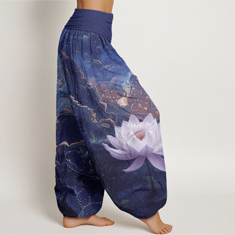 Pantalones bombachos de cintura elástica para mujer , de algodón, estilo informal, con estampado de loto, cielo estrellado y nubes. - image 8