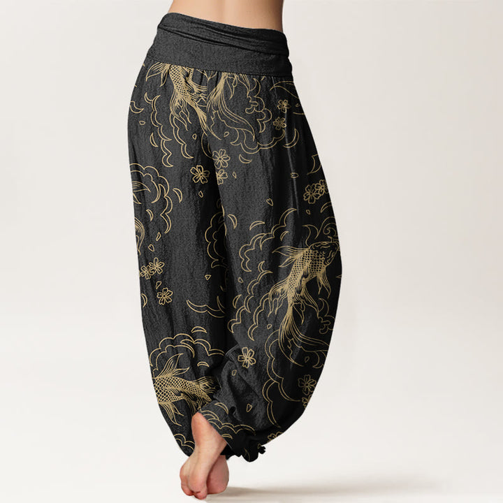 Pantalones bombachos de cintura elástica para mujer, de algodón, estilo casual, con estampado de peces koi, olas y pétalos , de Buddha Stones Cotton. - image 2