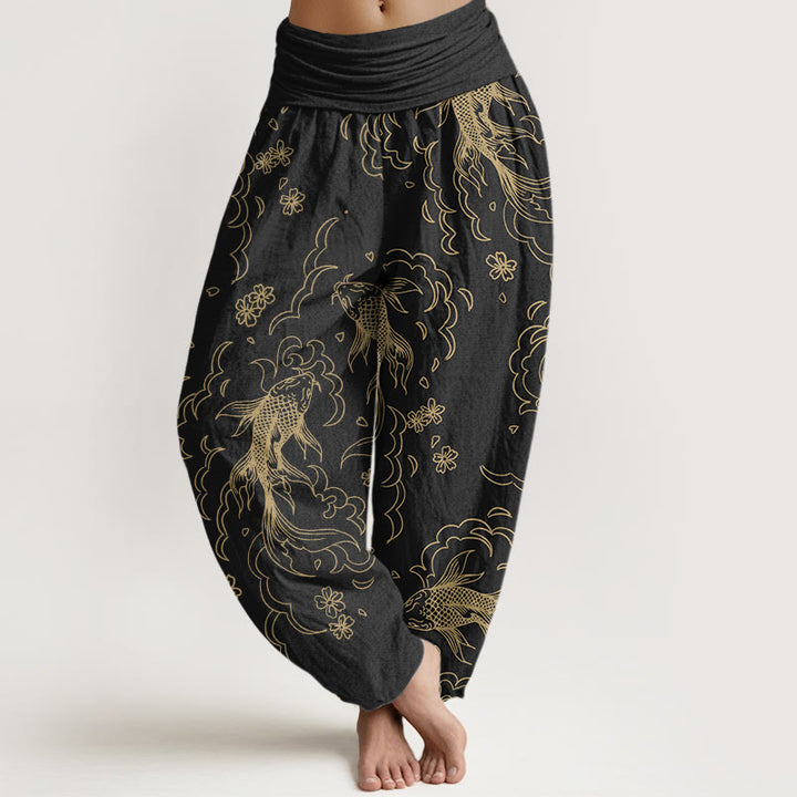 Pantalones bombachos de cintura elástica para mujer, de algodón, estilo casual, con estampado de peces koi, olas y pétalos , de Buddha Stones Cotton. - Negro - US22，UK/AU26，EU54 (6XL) - image 0