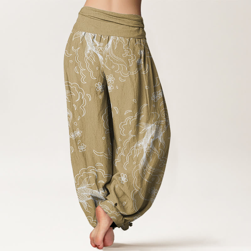 Pantalones bombachos de cintura elástica para mujer, de algodón, estilo casual, con estampado de peces koi, olas y pétalos , de Buddha Stones Cotton. - image 6