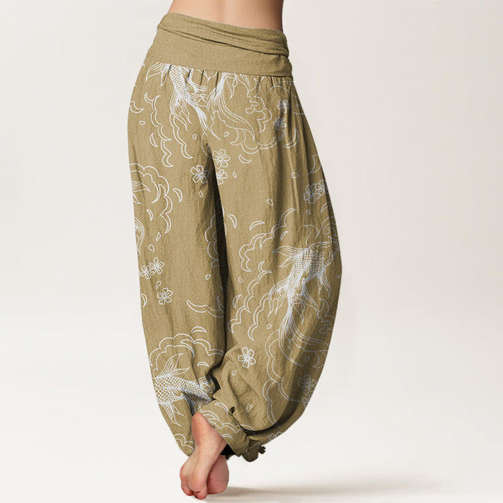 Pantalones bombachos de cintura elástica para mujer, de algodón, estilo casual, con estampado de peces koi, olas y pétalos , de Buddha Stones Cotton. - image 6