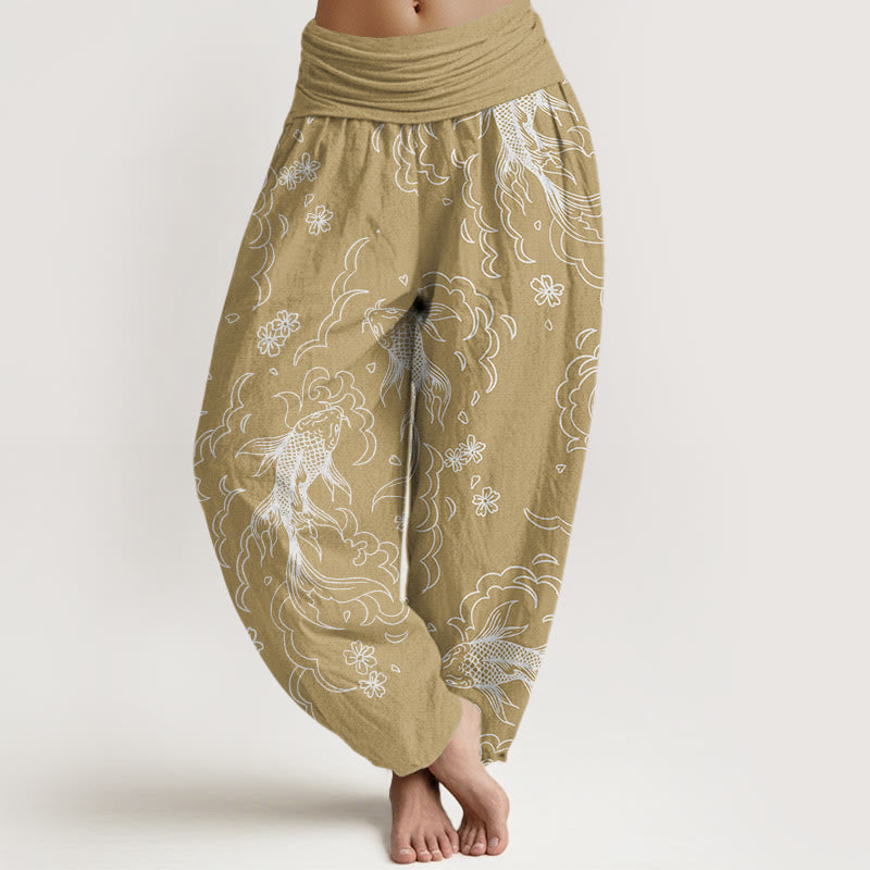 Pantalones bombachos de cintura elástica para mujer, de algodón, estilo casual, con estampado de peces koi, olas y pétalos , de Buddha Stones Cotton. - Vara de oro pálida - US22，UK/AU26，EU54 (6XL) - image 4
