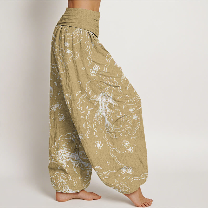 Pantalones harén con cintura elástica para mujer, con estampado de ondas de peces koi y pétalos, estilo casual, de Buddha Stones - image 6