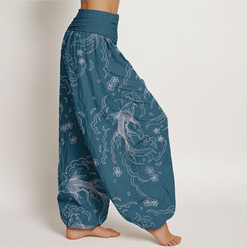 Pantalones harén con cintura elástica para mujer, con estampado de ondas de peces koi y pétalos, estilo casual, de Buddha Stones - image 9