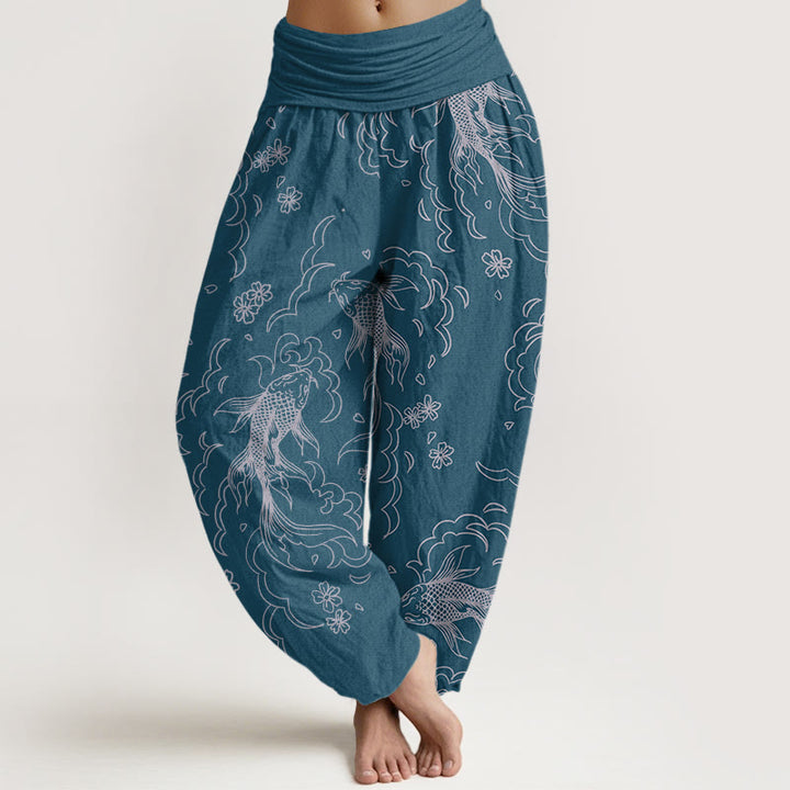 Pantalones bombachos de cintura elástica para mujer, de algodón, estilo casual, con estampado de peces koi, olas y pétalos , de Buddha Stones Cotton. - Azul acero - US22，UK/AU26，EU54 (6XL) - image 7