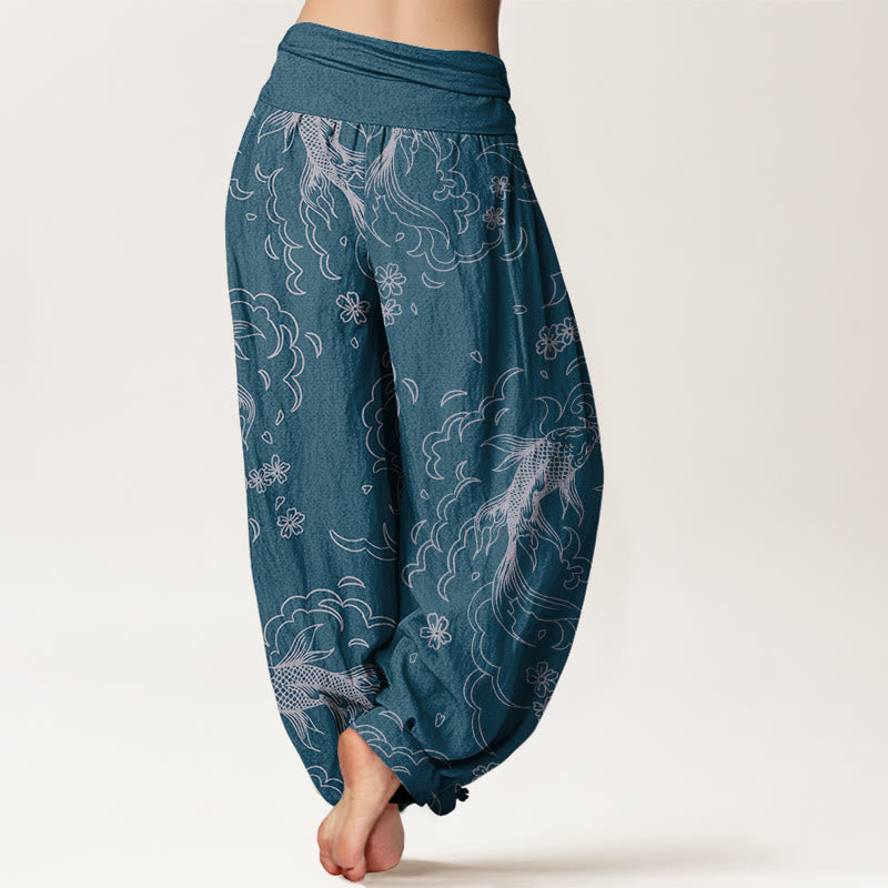 Pantalones harén con cintura elástica para mujer, con estampado de ondas de peces koi y pétalos, estilo casual, de Buddha Stones - image 10