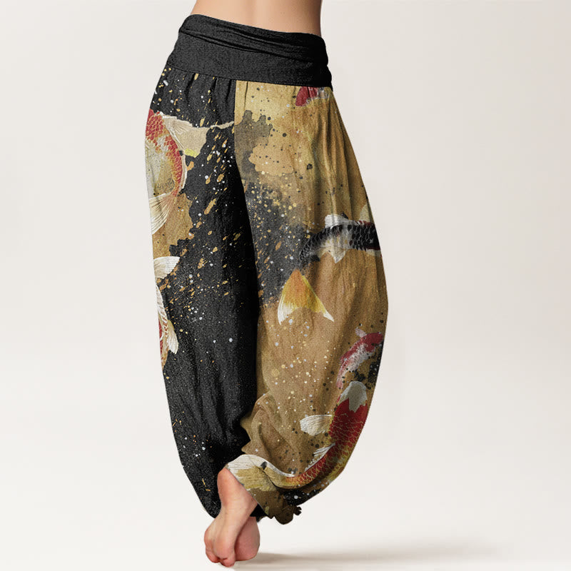 Pantalón tipo harem de cintura elástica para mujer, de Buddha Stones , estilo casual, con estampado de peces koi y fondo dorado. - image 1