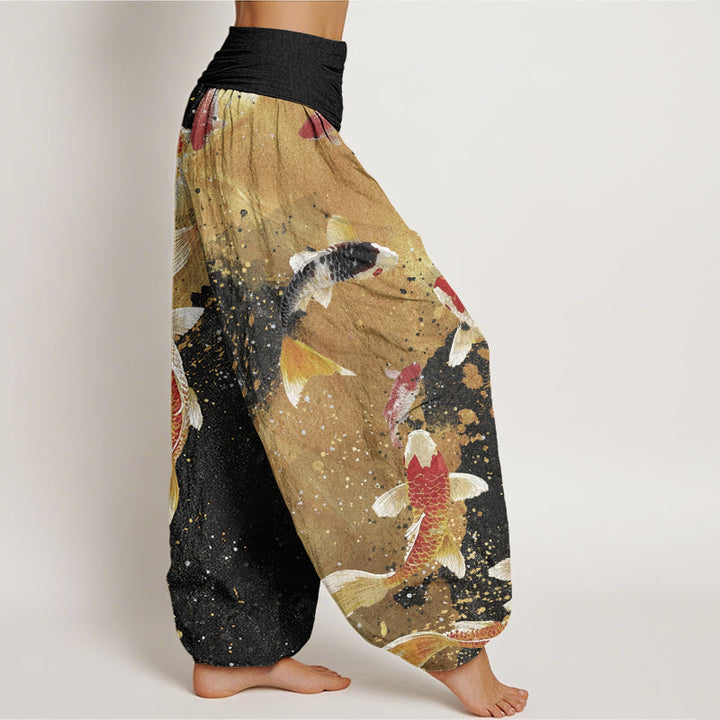 Pantalón tipo harem de cintura elástica para mujer, de Buddha Stones , estilo casual, con estampado de peces koi y fondo dorado. - image 2