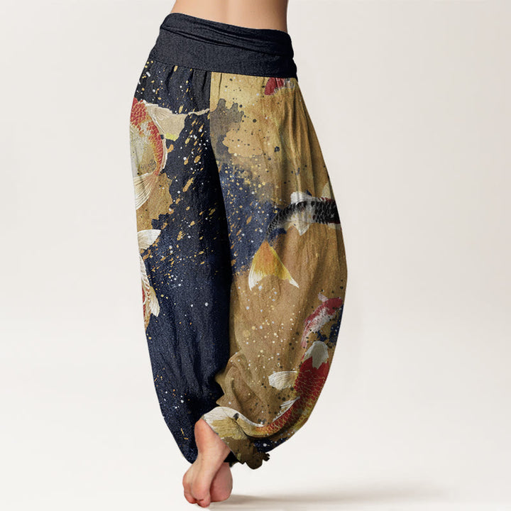 Pantalón tipo harem de cintura elástica para mujer, de Buddha Stones , estilo casual, con estampado de peces koi y fondo dorado. - image 6