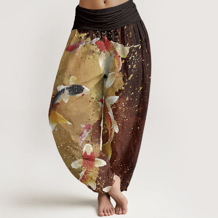 Pantalón tipo harem de cintura elástica para mujer, de Buddha Stones , estilo casual, con estampado de peces koi y fondo dorado. - Marrón silla de montar - US22，UK/AU26，EU54 (6XL) - image 7