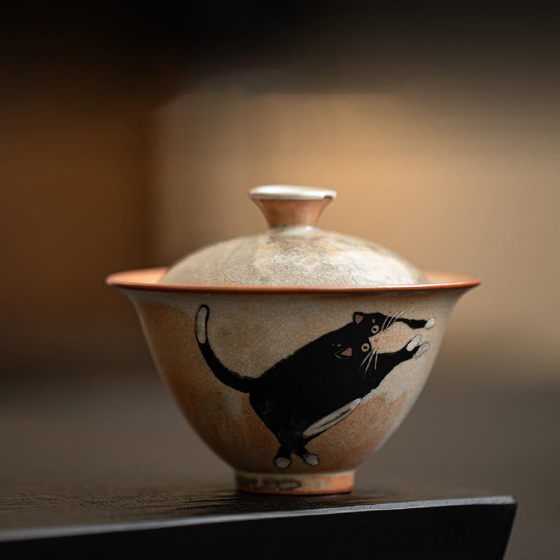 Taza de té Gaiwan de cerámica con diseño de gato y Buddha Stones , taza de té Kung Fu con tapa, 130 ml - Taza de gato 9,5 cm x 7,6 cm x 130 ml - image 1