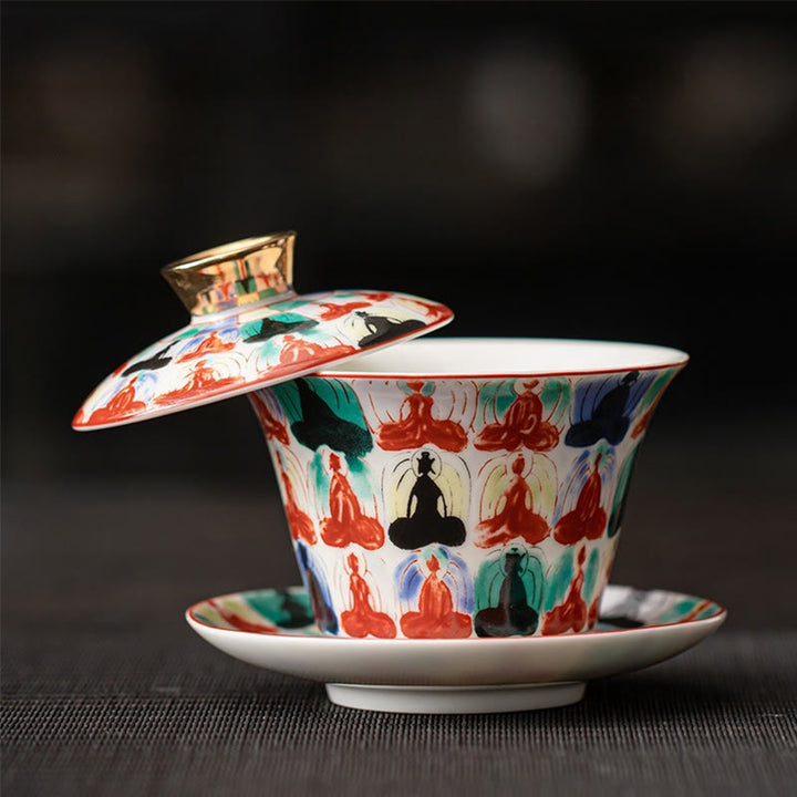 Taza de té y platillo de kung-fu con tapa, Buddha Stones, Thangka, Budas Dragón, cerámica de Dunhuang, Gaiwan, Sancai, 180 ml