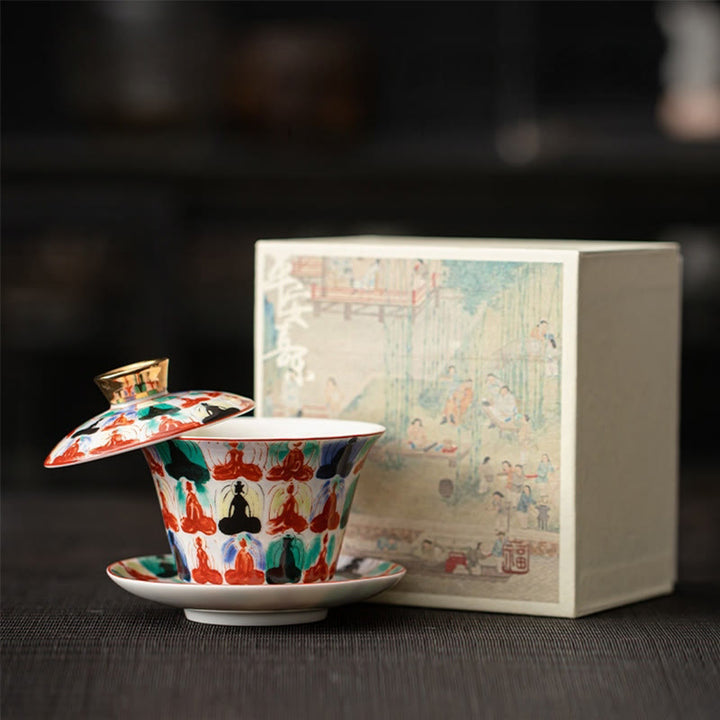 Taza de té y platillo de kung-fu con tapa, Buddha Stones, Thangka, Budas Dragón, cerámica de Dunhuang, Gaiwan, Sancai, 180 ml