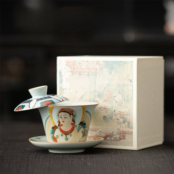 Taza de té y platillo de kung-fu con tapa, Buddha Stones, Thangka, Budas Dragón, cerámica de Dunhuang, Gaiwan, Sancai, 180 ml
