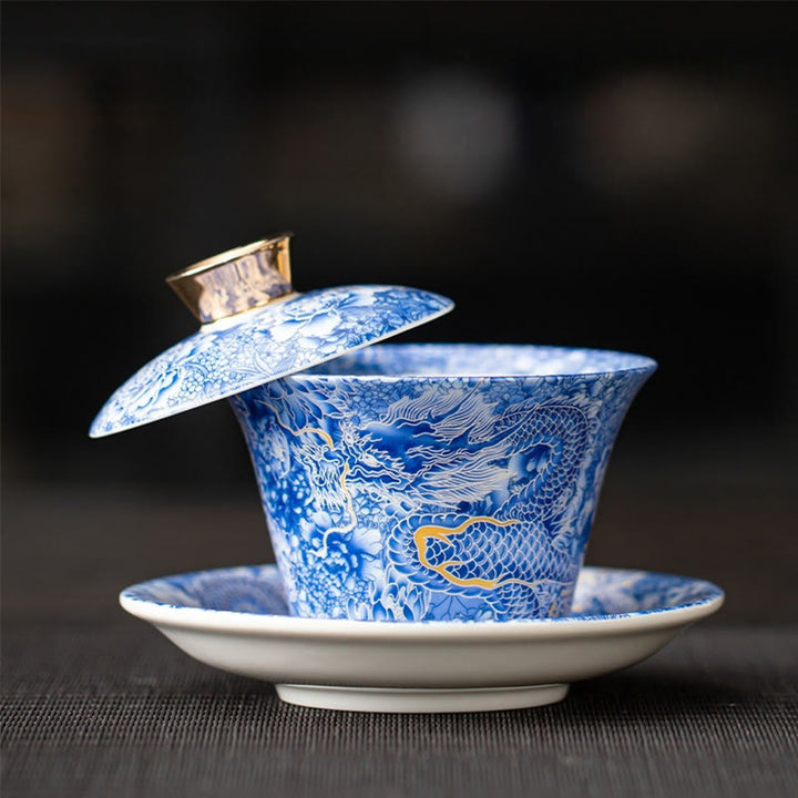Taza de té y platillo de kung-fu con tapa, Buddha Stones, Thangka, Budas Dragón, cerámica de Dunhuang, Gaiwan, Sancai, 180 ml
