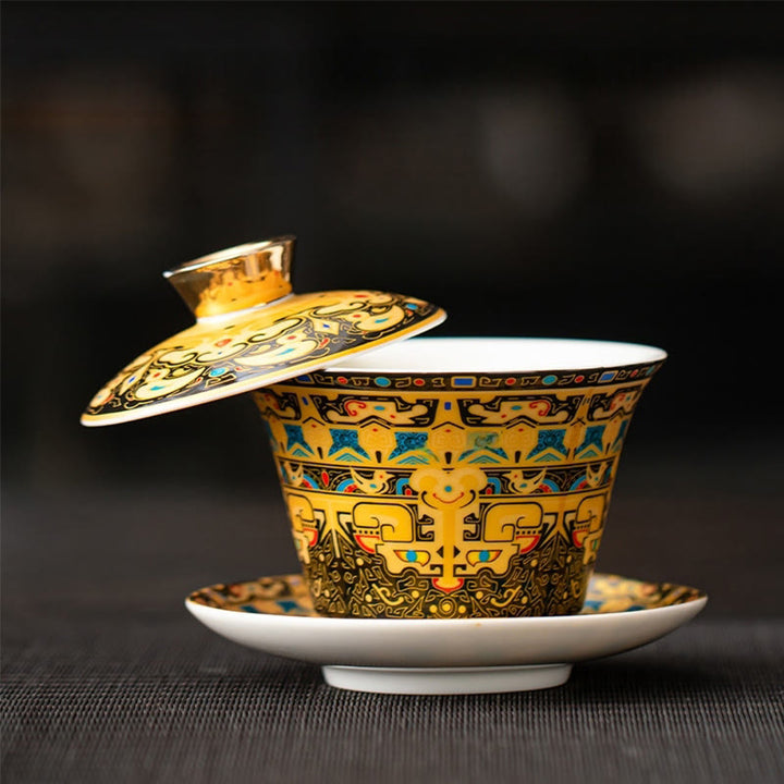 Taza de té y platillo de kung-fu con tapa, Buddha Stones, Thangka, Budas Dragón, cerámica de Dunhuang, Gaiwan, Sancai, 180 ml