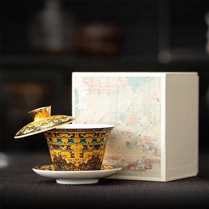 Taza de té y platillo de kung-fu con tapa, Buddha Stones, Thangka, Budas Dragón, cerámica de Dunhuang, Gaiwan, Sancai, 180 ml