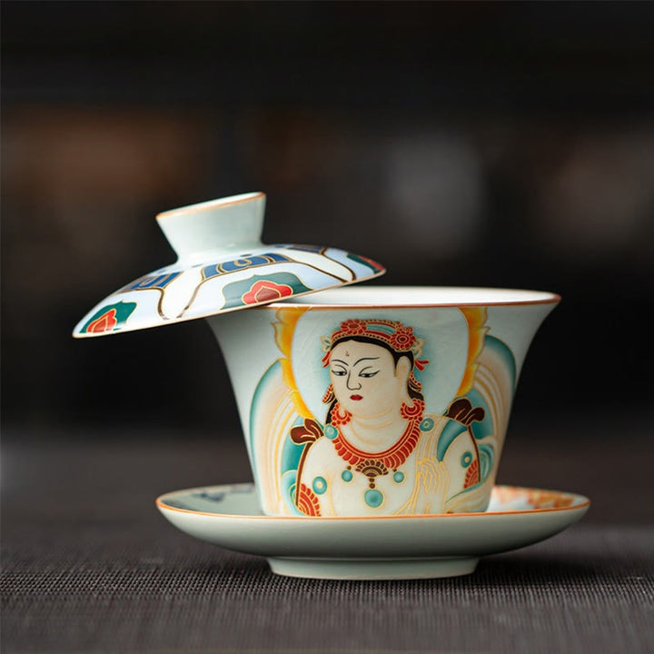 Taza de té y platillo de kung-fu con tapa, Buddha Stones, Thangka, Budas Dragón, cerámica de Dunhuang, Gaiwan, Sancai, 180 ml