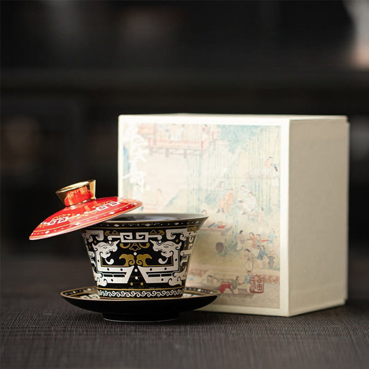Taza de té y platillo de kung-fu con tapa, Buddha Stones, Thangka, Budas Dragón, cerámica de Dunhuang, Gaiwan, Sancai, 180 ml