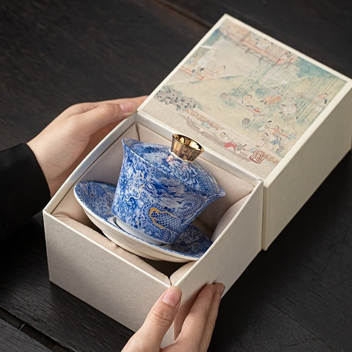 Taza de té y platillo de kung-fu con tapa, Buddha Stones, Thangka, Budas Dragón, cerámica de Dunhuang, Gaiwan, Sancai, 180 ml
